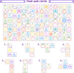  Logic game for children. Development of attention, thinking. Find and circle the fragments shown below