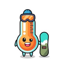 Illustration of thermometer character with snowboarding style
