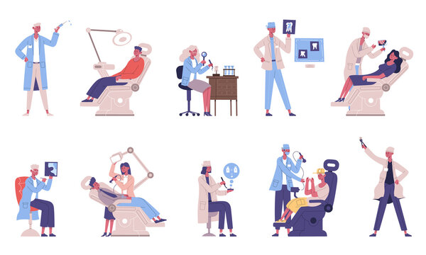 Medical dental teeth checkup doctor and patient characters. Dentist checking teeth, medical dentists examines patient vector illustration set. Oral hygiene and dental care