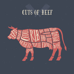 Meat cuts - beef. Diagrams for butcher shop. Scheme of beef. Animal silhouette beef. Guide for cutting.