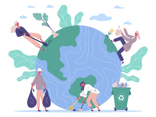 People protecting environment, take care about earth. Ecology protect, volunteers planting and cleaning environment vector illustration. Nature protect concept