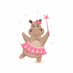 Cute hippo in a pink skirt with a magic wand and stars. - obrazy, fototapety, plakaty