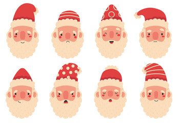 Christmas Santa Claus cute mascots facial expressions. Winter holiday Santa Claus bearded heads vector illustration set. Cartoon Santa Claus happy and sad emotion faces