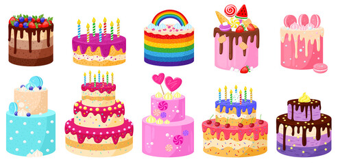 Cartoon Birthday holiday party celebration delicious cakes. Happy Birthday chocolate and strawberry candles cakes vector illustration set. Birthday decorated desserts