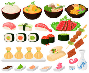 Cartoon asian traditional korean, japanese, chinese food. Asian street food, noodles sushi sashimi ramen dumplings vector illustration set. Oriental asian cuisine dishes