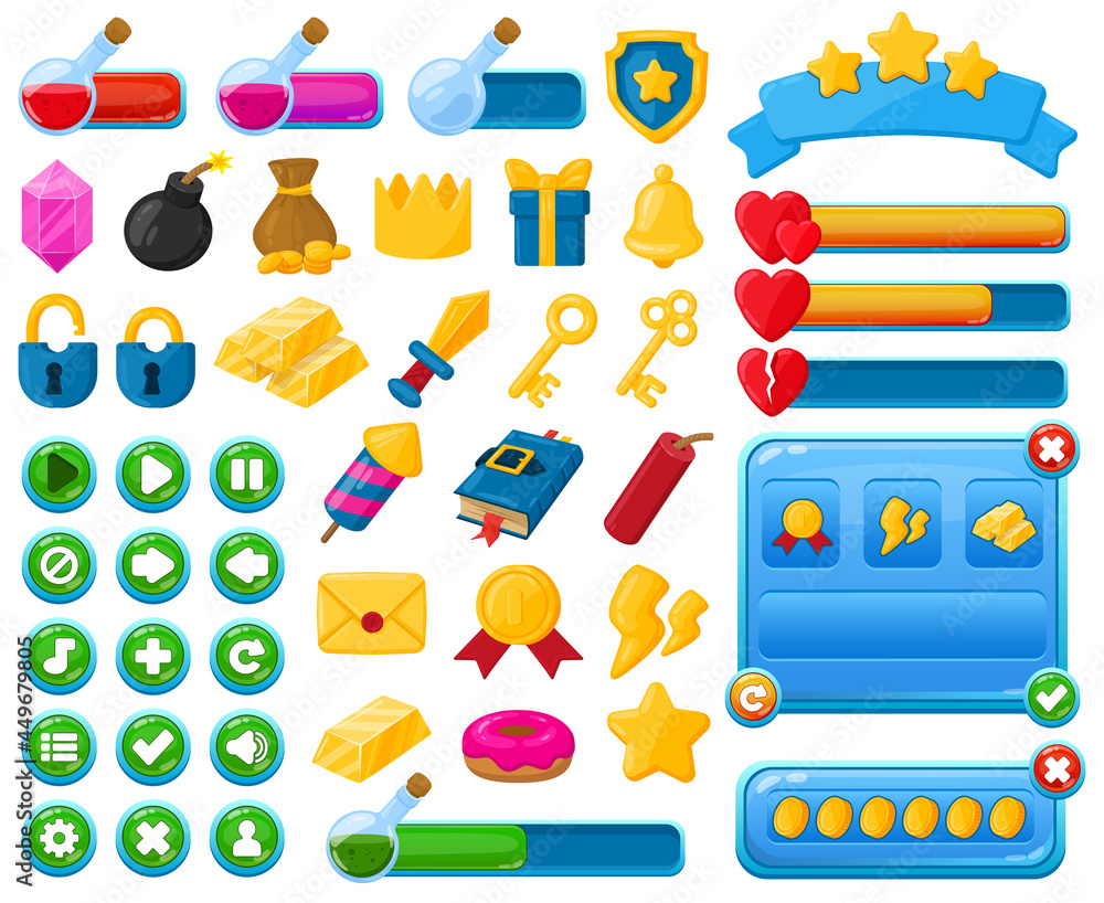 Poster cartoon mobile game user interface kit elements. casual game interface menu buttons, trophies and ba