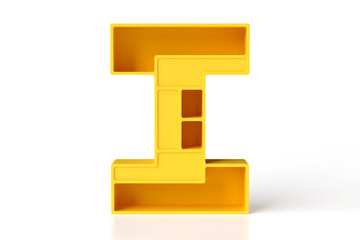 Yellow showy letter I uppercase. 3D font made of plastic shapes. High resolution 3D rendering.