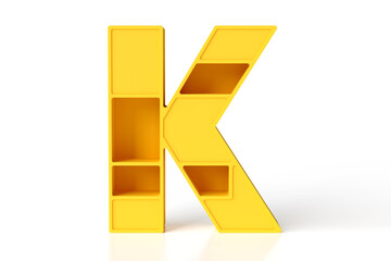 Letter K in the shape of a plastic showcase. Funny toy storage style lettering. High resolution 3D rendering.