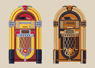 Vector graphic of vintage jukebox with 2 different colour combinations - obrazy, fototapety, plakaty