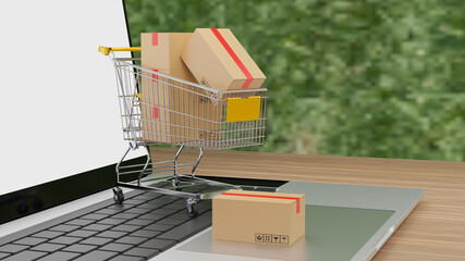 3D rendering Brown paper boxs in a shopping cart with laptop on wood table background.online shopping and delivery service concept.