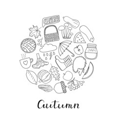 Hand drawn outline autumn items in circle.