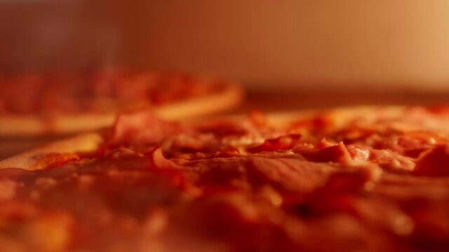 View of the pizza in the oven