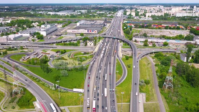 Aerial view of Expressway S8 and Modlinska and Jagiellonska Street in Warsaw, Poland, 4k drone video