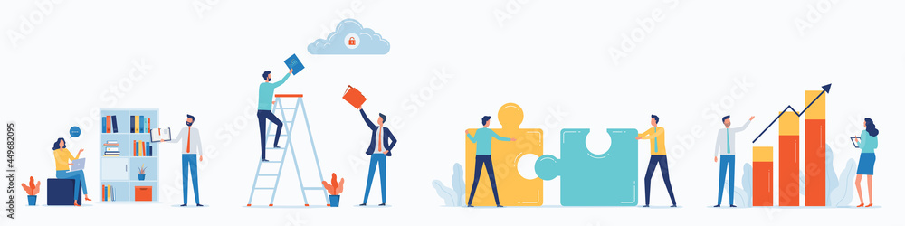 Aufkleber flat vector business people team working meeting and set cartoon character design for web design and