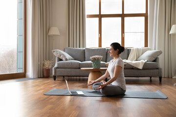 Calm millennial Indian woman yogi sit on mat meditate with mudra hands have webcam virtual event on computer. Young ethnic female train exercise online on video call on laptop, practice yoga.