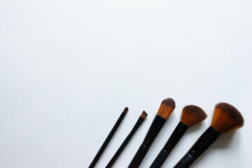 Brushes a flat lay with copy space. Beauty cosmetic makeup product layout. Stylish design. Creative fashionable concept. Cosmetics make-up brushes collection on a white background, top view.
