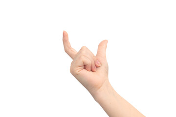Hand gesture measuring something, isolated on a white background, young female hand close-up