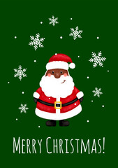 Fototapeta na wymiar Postcard merry christmas. Cute black santa congratulates on the holiday, snowflakes, joy, new year