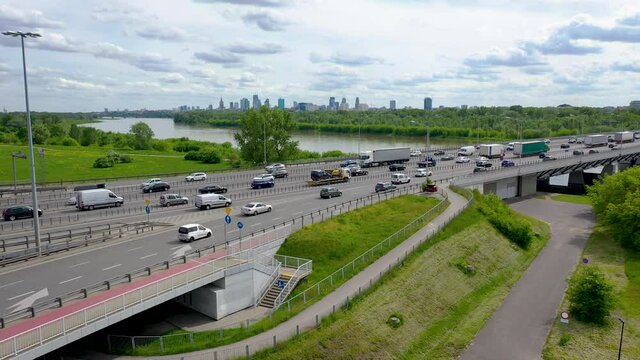 4k footage of general Stefan Grot Rowecki Bridge over the Vistula River in Warsaw, Poland