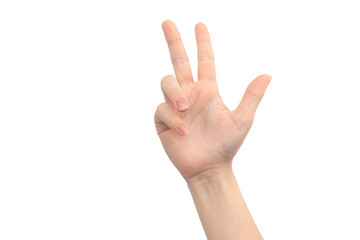 Hand gesture with fingers, isolated on a white background, young female hand close-up