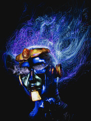 Modern art, abstract face, long-exposure photography, light of fiber-optic threads	
