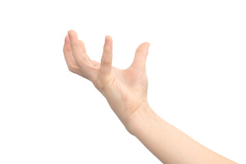Hand gesture holding something, isolated on a white background, young female hand close-up