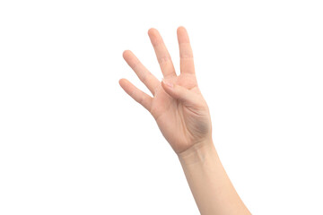 Naklejka premium Hand gesture four fingers, isolated on a white background, young female hand close-up