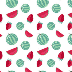 Seamless pattern with watermelons and strawberries on white background