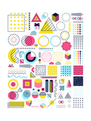 Obraz premium Colorful Memphis Objects Set. Vector Illustration of Polygonal and Geometric Symbols.