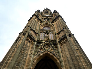 Tower of the church of the Cathedral of the Good Shepherd in San Sebastián Donostia, northern Spain; slanted shot.