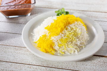 A view of a plate of saffron rice.