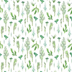 Watercolor seamless pattern with green branches, grass and leaves