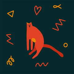 Cute original trendy cat sitting with abstract elements around. Vector illustration isolated on dark background in modern style. Perfect for cards, posters, print