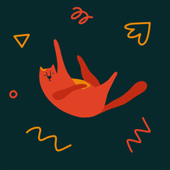 Cute original trendy cat sleeping with abstract elements around. Vector illustration isolated on dark background in modern style. Perfect for cards, posters, print