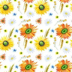 Watercolor seamless pattern with sunflowers, daisies, wheat and flowers, autumn illustration