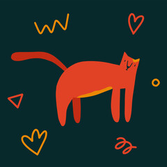 Cute original trendy cat walking with abstract elements around. Vector illustration isolated on dark background in modern style. Perfect for cards, posters, print