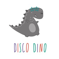 Cute grey dinosaur with stars glasses and lettering 'Disco Dino'. Vector illustration in trendy childish style. Perfect for for t-shirt design, prints, apparel, cards, poster, nursery decoration.