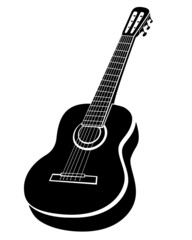 Naklejka premium Guitar Musical Instrument - vector black and white silhouette illustration for logo or pictogram. Acoustic Guitar - stringed instrument - identity sign or icon.