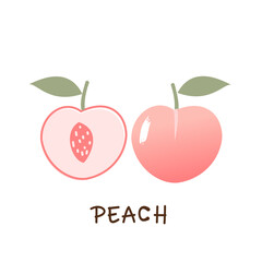 Peach with green leaves icons isolated on white background vector.