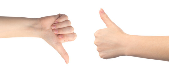 Like and dislike hand gesture, young female hand close-up, isolated on a white background