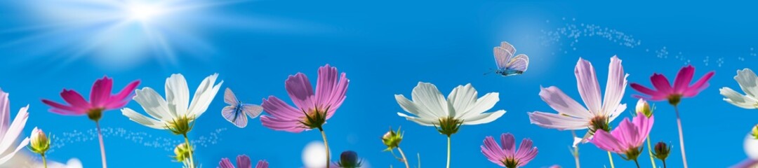 Garden flowers are pink cosmea,cosmos flowers with white clouds.Beautiful natural background of panoramic view. Landscape wide format, copy space.
