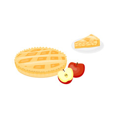 Illustration of apple pie cake and slice.