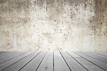 Empty room dark cement wall cover with floor wood table. Gray wood table dark background. grey old rough wooden floor perspective interior
