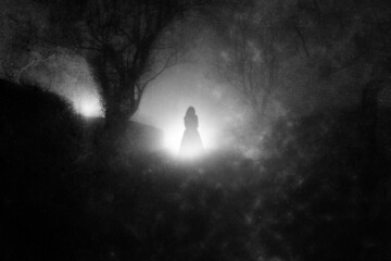 A country lane, on a foggy night with a ghostly woman in a dress. in front of glowing lights. With a grunge, blurred, vintage edit