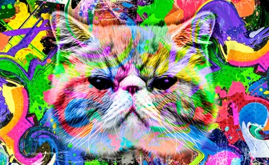Poster colorful artistic kitty muzzle with bright paint splatters on dark background. © reznik_val
