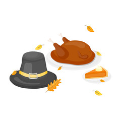Illustration of roasted Thanksgiving turkey, pumpkin pie and hat.