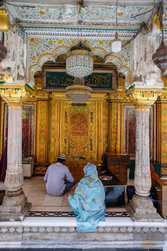 Delhi, India - August 2021: The Dargah Hazrat Nizamuddin marble shrine is dedicated to the Sufi Muslim saint Nizamuddin Auliya on August 7, 2021 in Delhi, India.