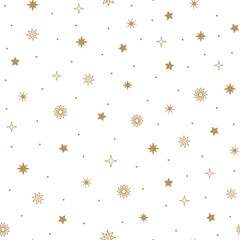 Seamless festive background with gold stars on a white background. Ornament for gift wrapping, paper, fabric, clothing, textiles, surface textures. Vector illustration.