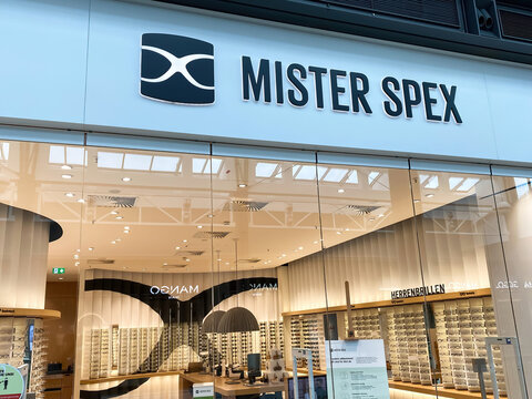 Oberhausen, Germany - July 9. 2021: View on store front with logo lettering of mister spex glasses in shopping mall