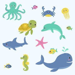 Naklejka na ściany i meble Sea, ocean life cute vector cartoon illustration set for children. Fish, whale, octopus, turtle, sea star, shark, sea horse, crab, jellyfish, dolphin. Bright good characters